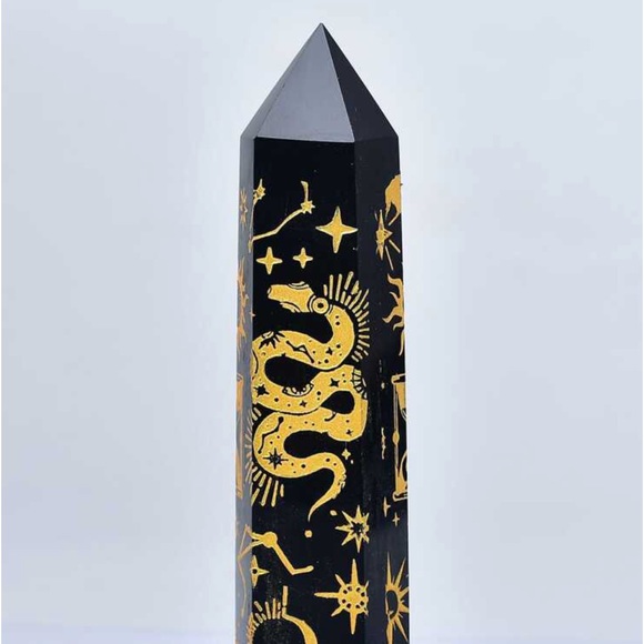 New Natural Obsidian Carved Artisan Sun 24k Gold Tower Point Crystal Decoration - Picture 8 of 16